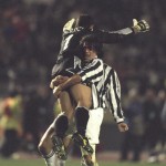 Angelo Peruzzi (number 1) celebrates with Junventus teammate Moreno Tornicelli