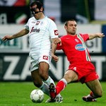 Kovac of Juventus challenges Beghetto of Treviso during their Italian Serie A match at Omobono Tenni Stadium in Treviso