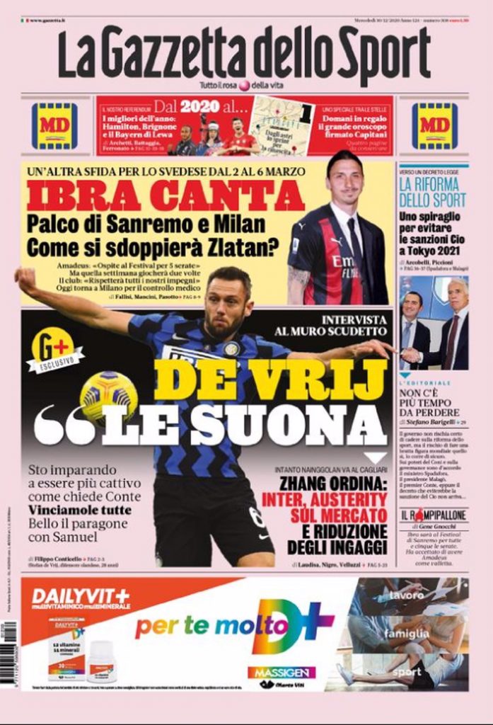 La Prima pagina della Gazzetta dello Sport di oggi