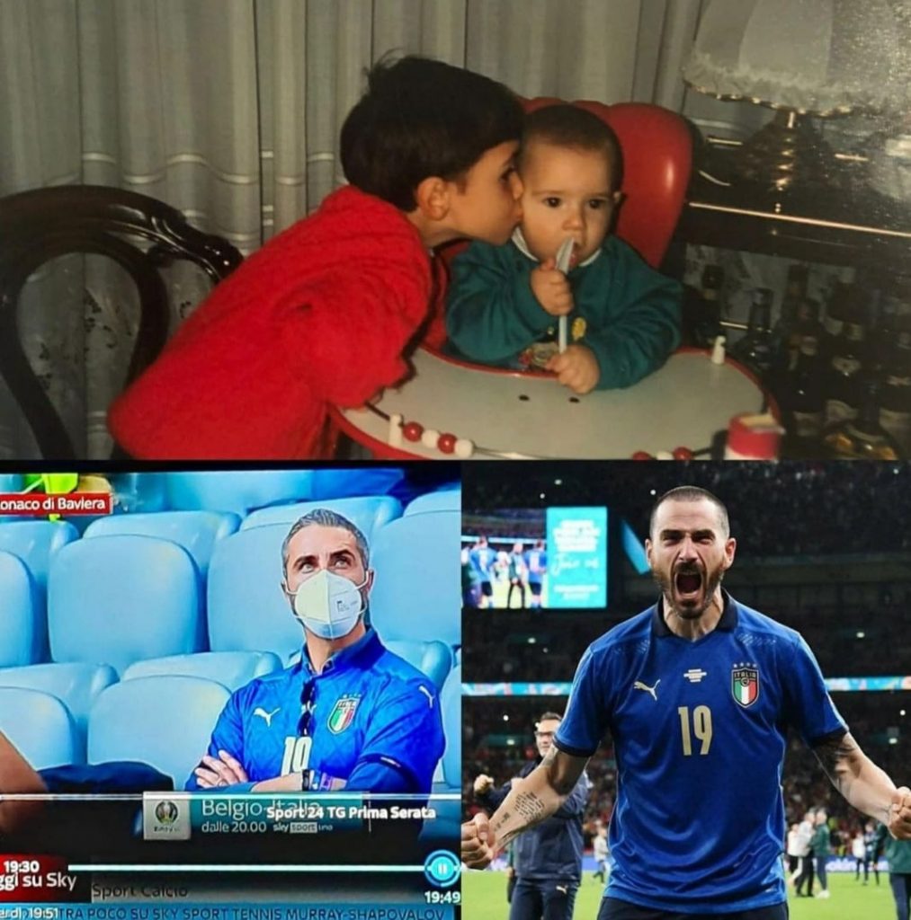In alto una foto dei fratelli Bonucci da piccoli. In basso a sinistra Riccardo e a destra Leo.